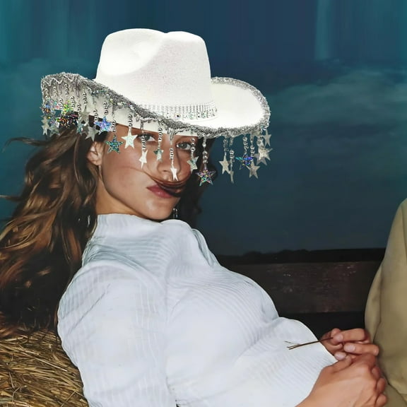 Hyknon Cowboy Hat Christmas Costume Shimmering Sequins Star Fringe White Cowboy Hats with Rhinestone Male Windproof Fabric Hat Western Hats for Men Women Party