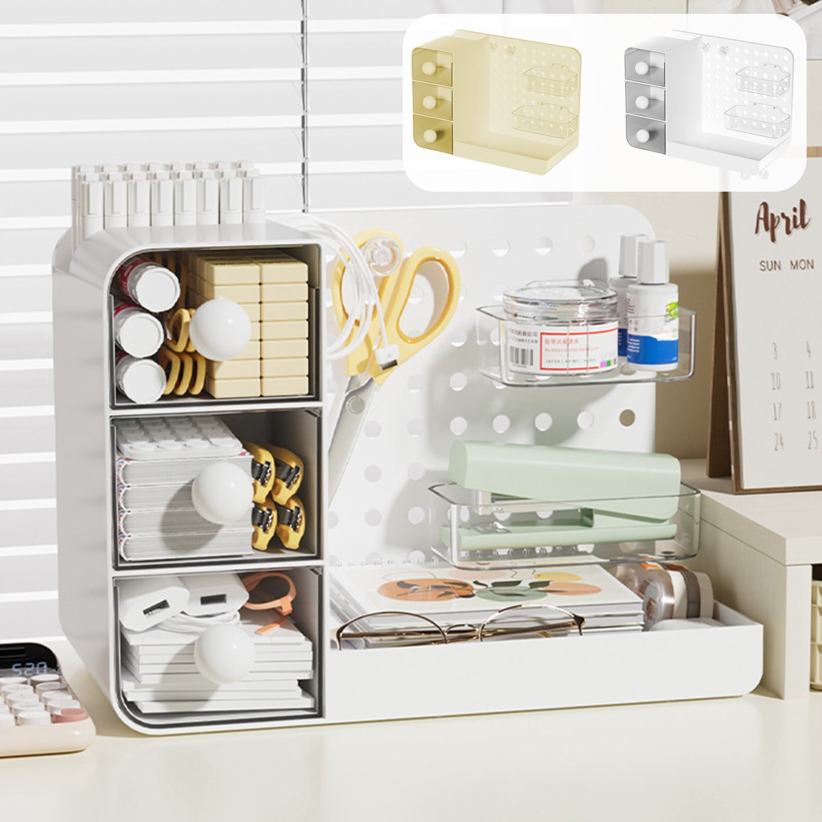 Hyknon Desk Organizers and Accessories Desktop Yellow Pen Holder with Drawers & Pegboard Plastic Storage Box for Makeup Home Office Supplies