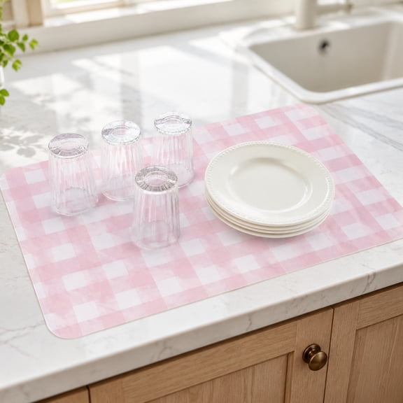 Hyknon Dish Drying Matt Kitchen Counter, Abosrbent Plaid Pink Dish Drying Mat with Non-Slip Rubber, Easy to Clean Washable Drainer Mat for Coffee Bar Home Apartment
