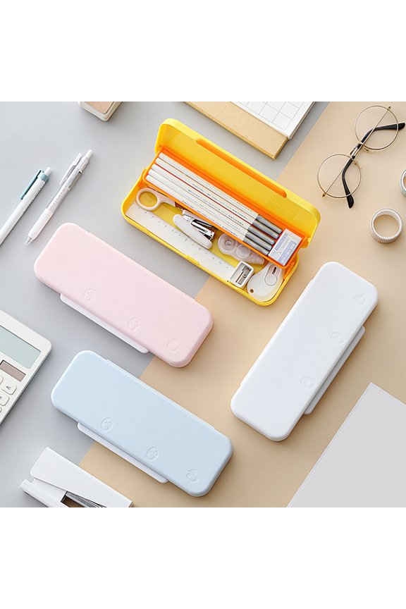 Double Layer Pencil Box, Hard Pencil Cases with Snap-Tight Lid, Portable Waterproof Stationery Box, Large Capacity Storage Containers with Plant Pattern, Two-Tone Storage Box Organizer, White