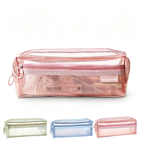 Hyknon Double Layer Transparent Mesh Pencil Cases, Portable Zipper Pencil Cases Storage Pouch, Rectangular Stationery Bag, 2-Compartment Exam Stationery Pouch for Office Travel8.3"×2.4"×3.2", Green