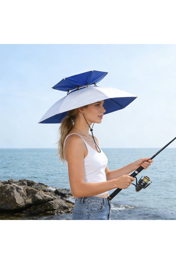 Double-Layer Umbrella Hat, Hands-Free Head-Mounted Umbrella Cap, Windproof Waterproof UV Protection, Adjustable Wearable Umbrella for Fishing Hiking Gardening Outdoor Activities, Silver