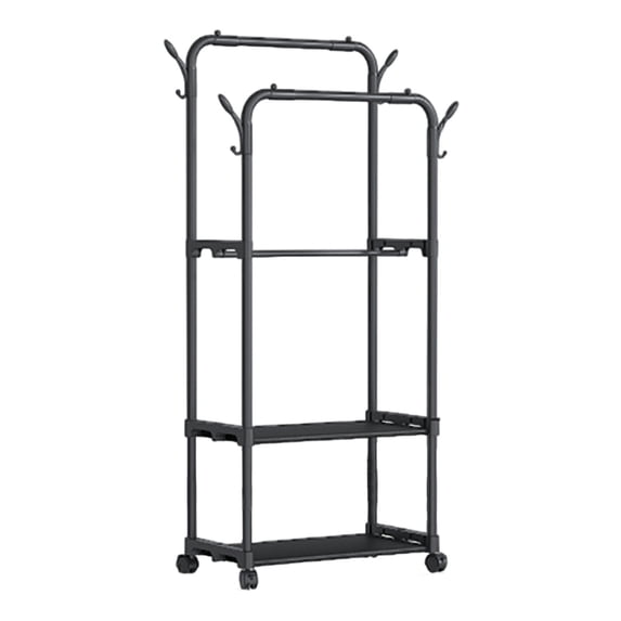 Hyknon Double Rods Clothes Rack with Wheels Black Sturdy Rolling Clothes Rack with Storage Shelves Plastic Clothes Organizer for Coat Garment Wardrobe