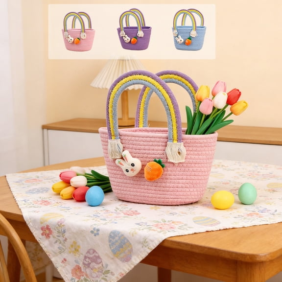 Hyknon Easter Basket with Bunny Carrot Accents Rope Empty Gift Basket with Rainbow Handle Large Cotton Easter Baskets Party Favors for Eggs Candy Baby Shower, Pink