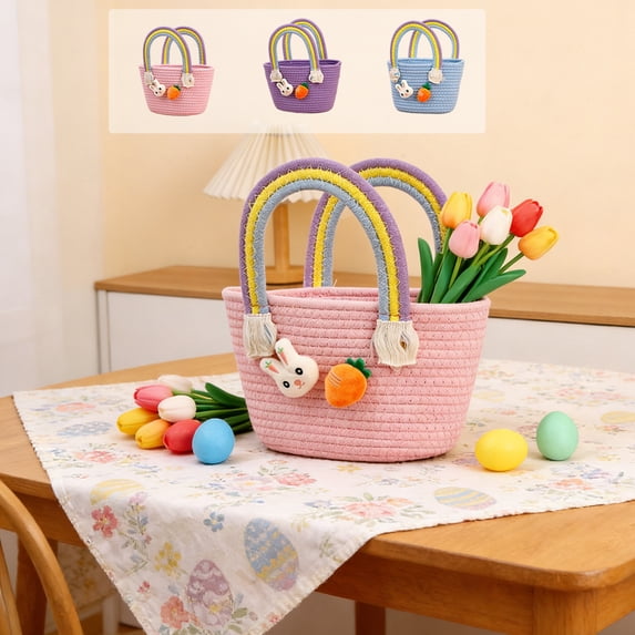 Hyknon Easter Basket with Bunny Carrot Accents Rope Empty Gift Basket with Rainbow Handle Large Cotton Easter Baskets Party Favors for Eggs Candy Baby Shower, Purple