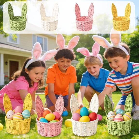 Hyknon Easter Bunny Basket for Egg Hunts Compact Hand Woven Rope Easter Baskets Reusable Wicker Gift Basket for Picnic Birthday Home Decor, White