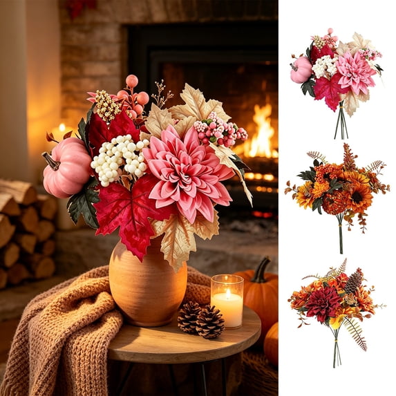 Hyknon Fall Artificial Flowers Bouquet, Faux Pumpkin Maple Leaf Dahlia Floral Arrangement, Autumn Thanksgiving Decor for Home Table Centerpiece Vase Living Room Kitchen