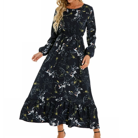 Hyknon Fall Dresses for Women 2025 Fashion Boho Floral Printed Round Neck Long Sleeve Maxi Dresses A-line Loose Fit Elastic Waist Swing Dresses