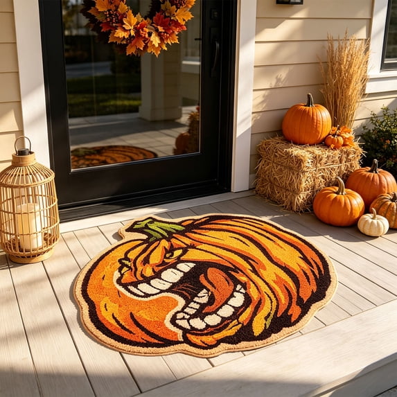 Hyknon Fall Pumpkin Rug, Halloween Decorative Floor Rug with Autumn Leaves Design, Oval Seasonal Rug for Entryway Front Door Kitchen Living Room Fireplace Home Decor