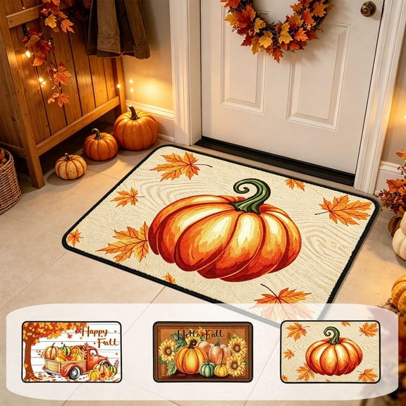 Hyknon Fall Pumpkin Thanksgiving Doormat, Absorbent Soft Gnome Front Door Mat, Waterproof Harvest Bathmat, Low Profile Non-Slip Rubber Backing Floor Rug for Indoor Outdoor Fall Halloween 23.6"×15.7"