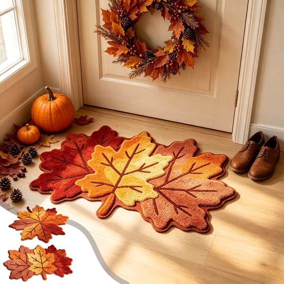 Hyknon Fall Thanksgiving Maple Leaf Rug, Cute Soft Plushes Thick Waterproof Bathroom Mat, Non-Slip Harvest Decor Floor Mat, Entryway Door Mat for Home Indoor Outdoor Bedroom Kitchen Decor 27.6"×17.7"