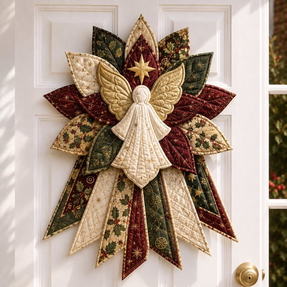 Hyknon Festive Quilted Christmas Door Hanging DIY Sewing Kit, Angel Patchwork 3D Padded Christmas Quilted Bow Patchwork Sewing Set, Home Holiday Mantel Table Front Door Display, Gift for Craft Lovers