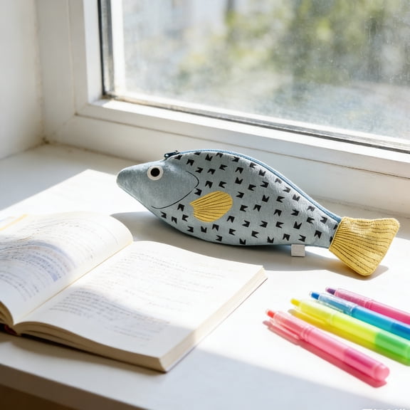 Hyknon Fish-Shaped Pencil Case Novelty Large Capacity Pencil Pouch with Zipper Portable Canvas Stationery Storage Bag for Classroom College Office Supplies
