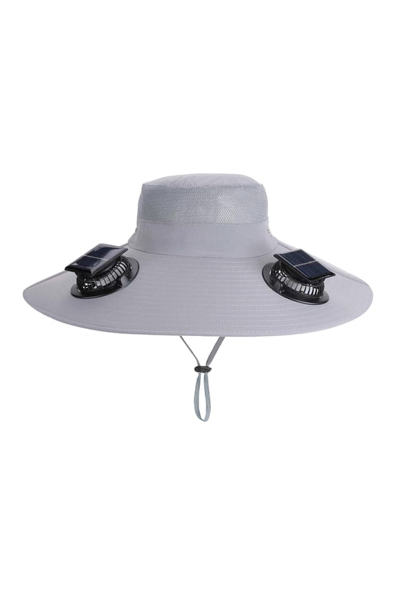Fishing Hat for Men Adjustable Wide Brim Gray Bucket Hat with Solar Fan Plastic UV Protection Sun Hat for Outdoor Hiking Paddling