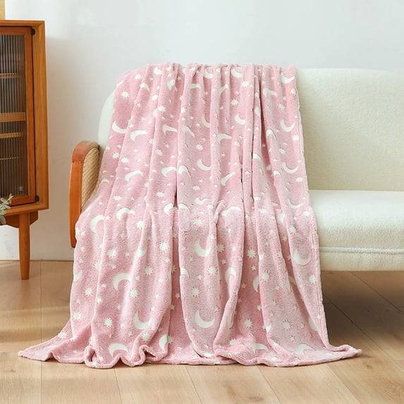 Hyknon Flannel Throw Blanket for Couch Soft Fluffy Blanket with Moon Star Pattern Luminous Portable Cover Blanket Gifts for Families Friends Wife (40x60 Inch)