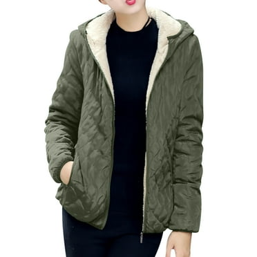 Hyknon Fleece Jacket Women Casual Warm Long Sleeve Full Zipper Hooded Down Jacket Solid Color Patchwork Versatile Winter Coats for Women