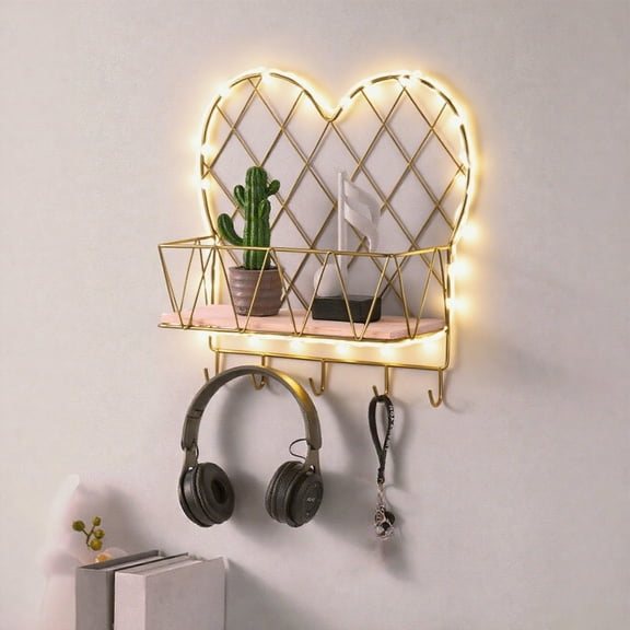 Hyknon Floating Shelves for Wall Decor Lighted Heart Gold Wall Organizer with 7 Hooks Hanging Metal Shelves for Bathrooom Bedroom Kitchen Storage