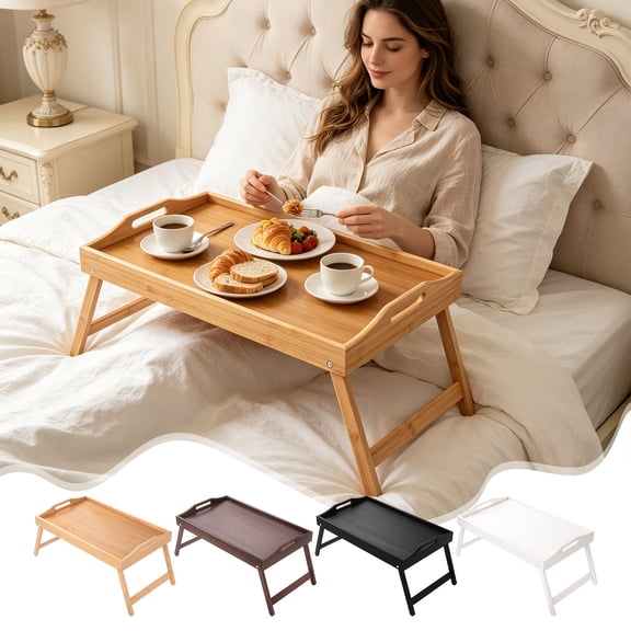 Hyknon Folding Bed Tray Table, Wood Bedside Breakfast Tray with Folding Legs and Handle, Food Lap Trays Fits, Food Serving Tray Table for Bed Sofa Eating Laptops TV Lap Tray Table on Couch, Brown