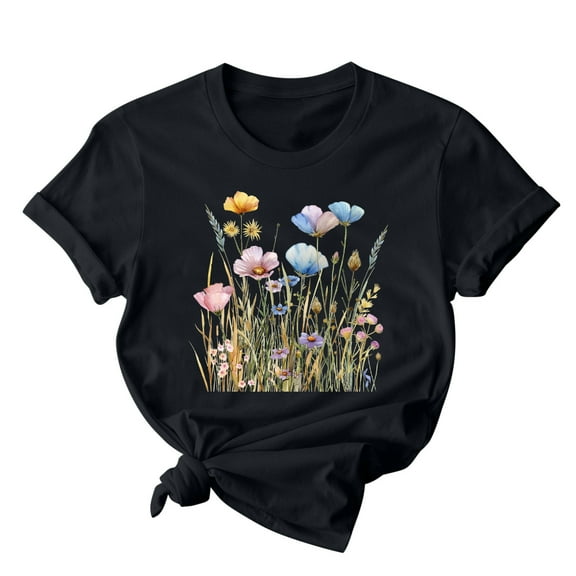 Hyknon Graphic Tees for Women 2025 Fashion Floral Printed Short Sleeve Round Neck T-shirt Mother's Day Gifts Casual Loose Fit Versatile Summer Tops