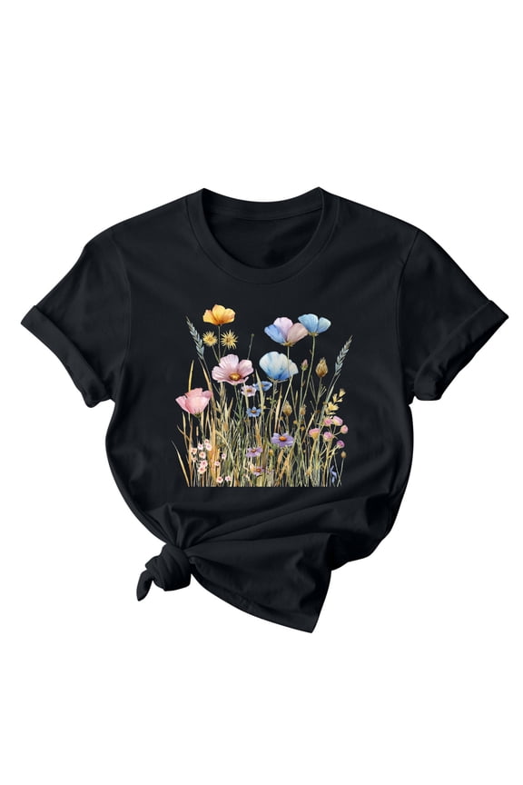 Graphic Tees for Women 2025 Fashion Floral Printed Short Sleeve Round Neck T-shirt Mother's Day Gifts Casual Loose Fit Versatile Summer Tops