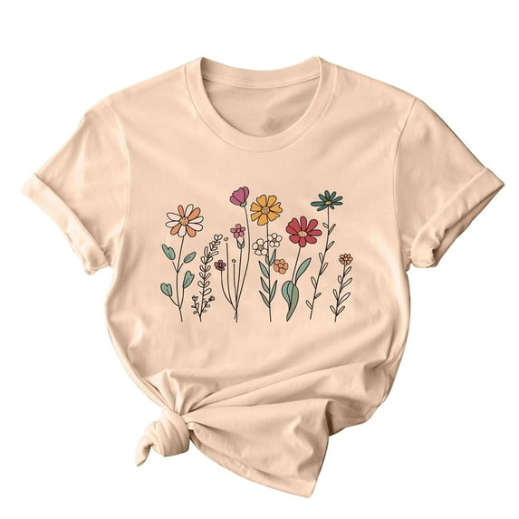Hyknon Graphic Tees for Women 2025 Fashion Floral Printed Short Sleeve Round Neck T-shirt Mother's Day Gifts Casual Loose Fit Versatile Summer Tops