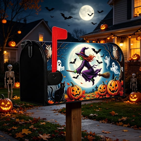 Hyknon Halloween Flying Witch Magnetic Mailbox Cover, Pumpkin Ghost Bat Owl Black Cat Graveyard Pattern Mailbox Wraps, Weatherproof Outdoor Mailbox Decor for Fall Halloween Yard Front Porch Decor