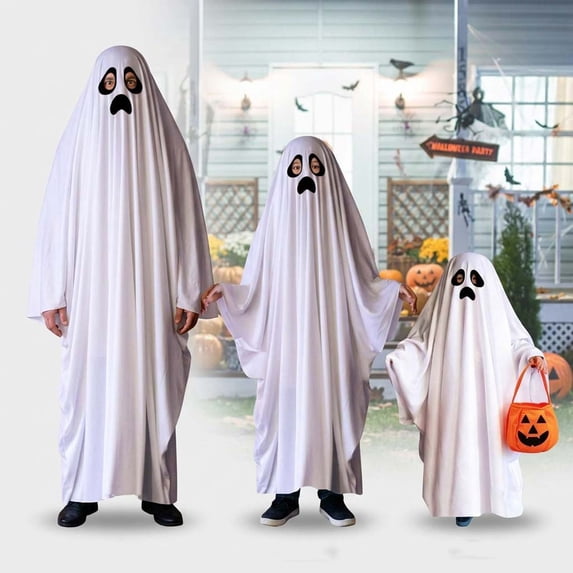 Hyknon Halloween Ghost Costume for Women Men, 57.5 Inch White Ghost Costumes with Pumpkin Bag, Reusable Soft White Ghost Robe Outfit, Spooky Ghost Face for Trick-or-Treating Cosplay Party