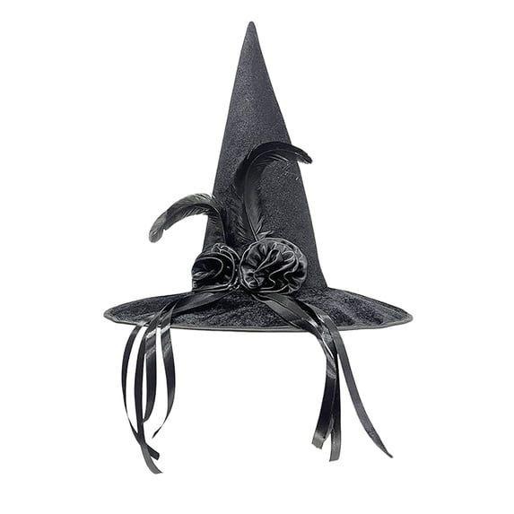 Hyknon Halloween Gothic Witch Hat for Women, Faux Rose Feather Satin Ribbons Wizard Hat, Spooky Tall Pointed Witch Hat, Wide Brim Costume Accessory for Halloween Cosplay Party Costume Photo16", Black