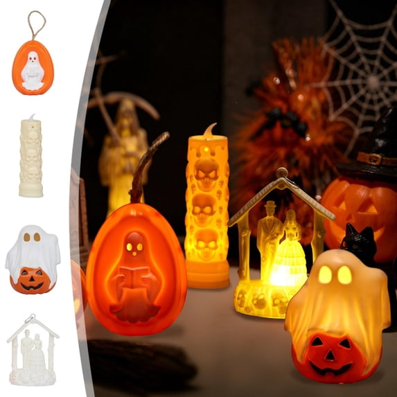 Hyknon Halloween LED Decor Light, Ghost Pumpkin Hanging Lamp, Skull Embossed Electronic Candle Light, Spooky Figurine Ambient Lamp, Battery Operated Table Hanging Ornament for Halloween Party ( A )