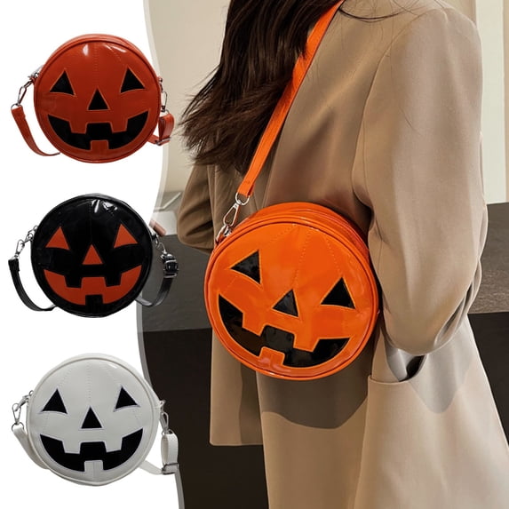 Hyknon Halloween Pumpkin Crossbody Bag, Small Round Pumpkin Jack-o-Lantern Purse with Detachable Strap, Novelty Fashion Party Zipper Pouch, Glossy Shoulder Handbags for Women Cosplay Party, White