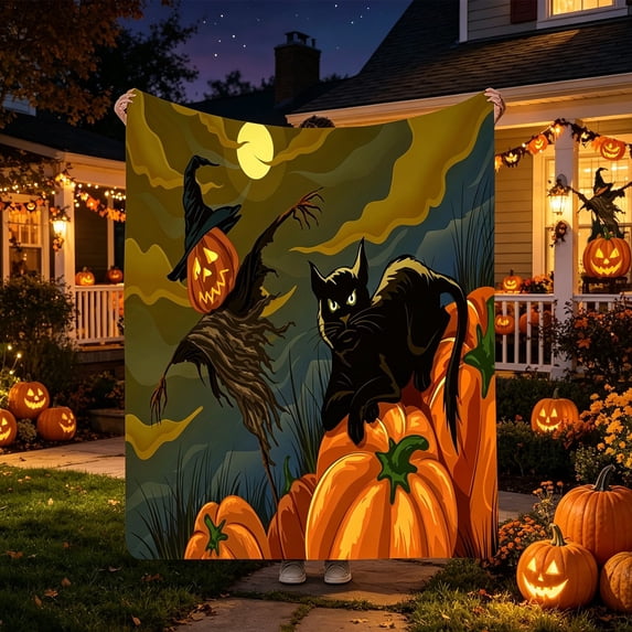 Hyknon Halloween Throw Blanket, Spooky Black Cat Pumpkin Blanket, Soft Cozy Blanket for Couch Sofa Bed Seasonal Fall Decor, Machine Washable