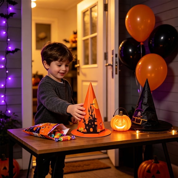 Hyknon Halloween Trick or Treat Paper Candy Boxes, Foldable Paper Witch Hat‑Shaped Gift Boxes, Polyhedral Conical Party Favor Holders, Goodie Box for Trick‑or‑Treat Home Festival Party Snack Display