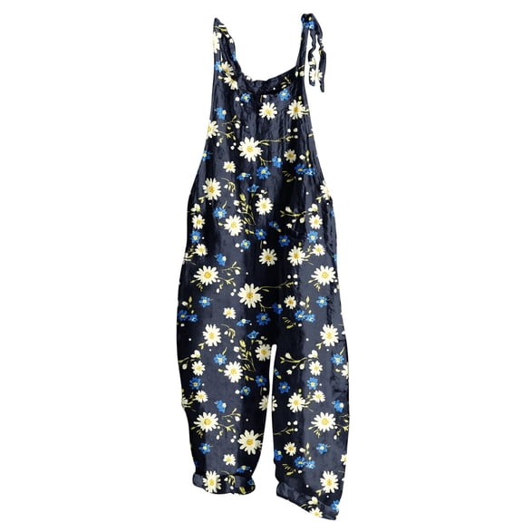 Hyknon Jumpsuits for Women Casual Loose Plus Size Floral Printed High Waist Rompers Spring Summer Fashion Sleeveless Adjustable Strap Wide Leg Pants with Pockets