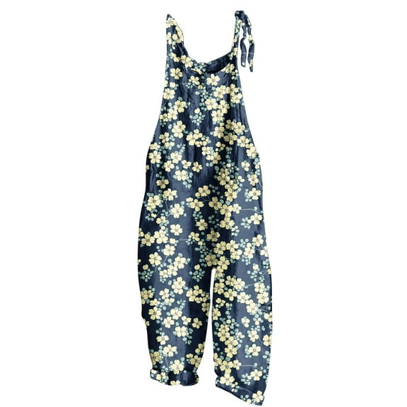 Hyknon Jumpsuits for Women Casual Loose Plus Size Floral Printed High Waist Rompers Spring Summer Fashion Sleeveless Adjustable Strap Wide Leg Pants with Pockets