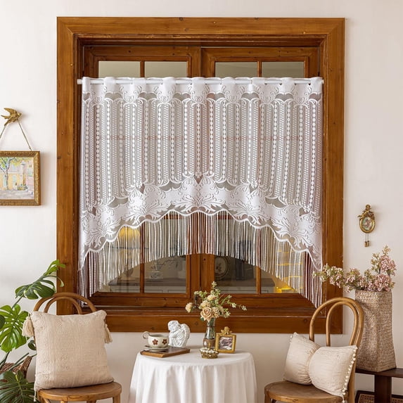 Hyknon Lace Sheer Valance Curtains, Rod Pocket Floral Crochet Pattern Curtains with Tassel Fringe, Bohemian Semi Sheer Window Treatment for Kitchen Living Room Farmhouse Cafe Bathroom 59×47 Inch