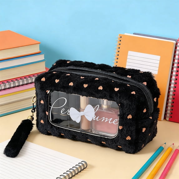 Hyknon Large Capacity Pencil Case Pen Pouch, Cute Plush Pencil Holder with Handle, Transparent Stationery Bag with Zipper, Portable Pen Pouch for Women Adult, Bow Storage Organizer for College, Black
