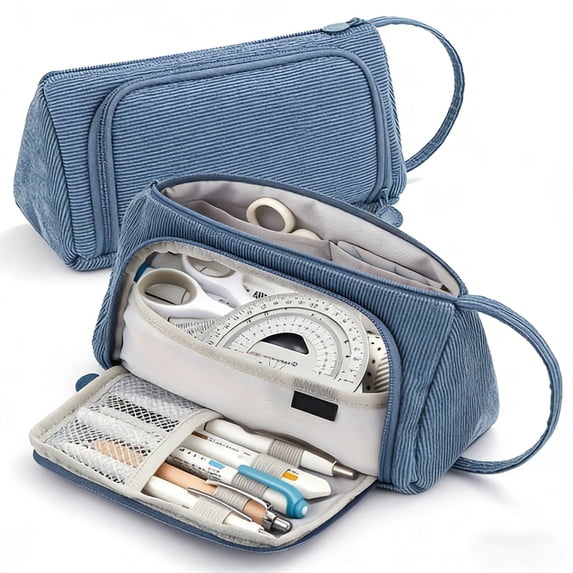 Hyknon Large Capacity Pencil Case Pen Pouch, Multi-layered Pencil Holder with Handle, Soft Stationery Bag with Zipper, Triangle Pen Pouch for Women Men Adult, Storage Organizer Bag for College, Blue