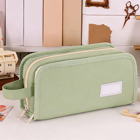 Hyknon Large Capacity Pencil Case Pen Pouch, Multi-layered Pencil Holder with Handle, Solid‑Color Storage Bag with Zipper, Durable Pen Pouch for Adult, Portable Storage Bag for Office College, Green