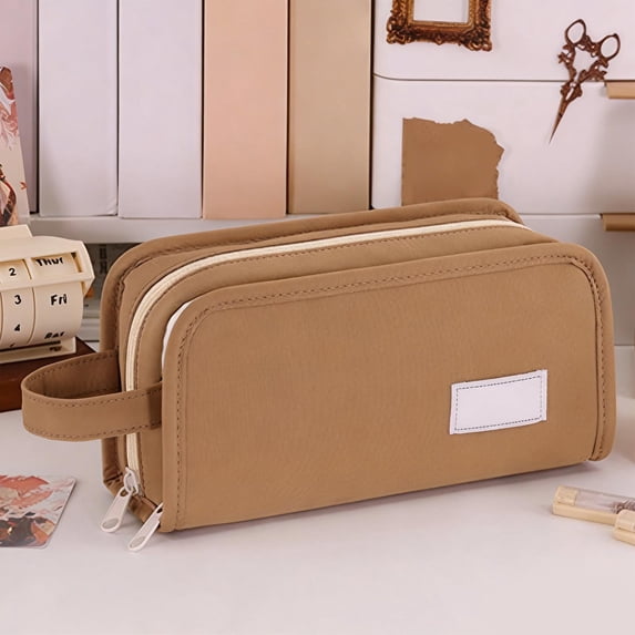Hyknon Large Capacity Pencil Case Pen Pouch, Multi-layered Pencil Holder with Handle, Solid‑Color Storage Bag with Zipper, Durable Pen Pouch for Adult, Portable Storage Bag for Office College, Coffee