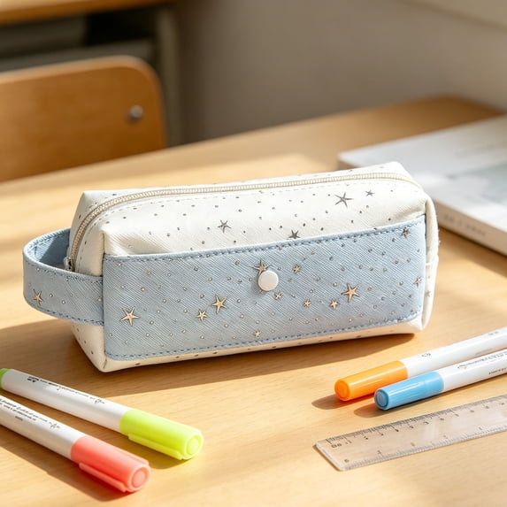 Hyknon Large Capacity Pencil Case Pen Pouch, Star Dot Pencil Holder with Handle, Simple Stationery Bag with Zipper, Cute Pen Pouch for Women Adult, Portable Storage Bag for Makeup College, White