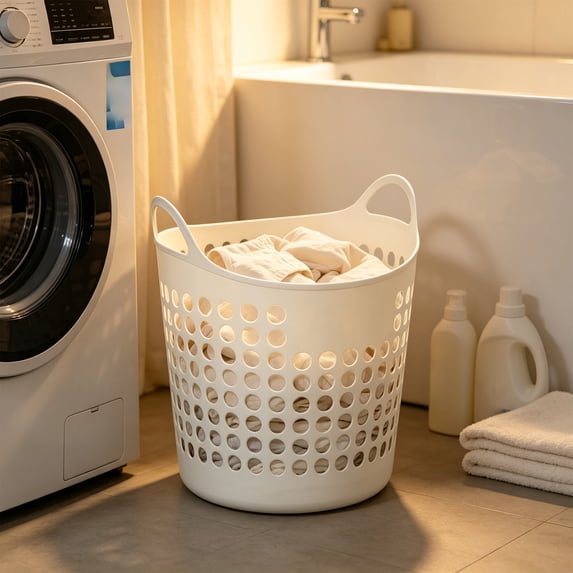 Hyknon Large Laundry Basket Hamper, Imitation Rattan Dirty Clothes Basket with Handles, Portable Space Saving Bathroom Storage Basket, Storage Bucket for Home Bedroom Home Dorm Apartment 12.2"×15.75"