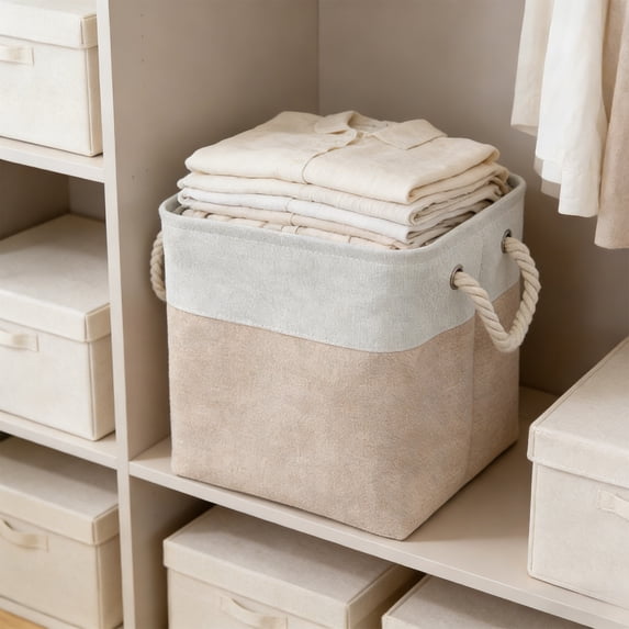 Hyknon Linen Fabric Storage Baskets, Foldable Organizer Bins with Rope Handles, Cubes Storage Basket, Soft Durable Organizer Bins, Multi-Purpose Storage Bins for Clothes Shelves Bedroom Toys, Beige