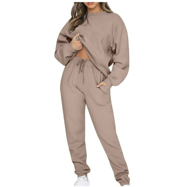 Hyknon Lounge Sets for Women Fall Fashion Warm Solid Color Long Sleeve Round Neck Sweatshirt and Elastic Waist Long Pants Loose Fit Two Piece Sets