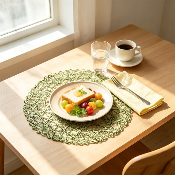 Hyknon Natural Straw Round Placemat, 15 Inch Heat Resistant Non Slip Plate Chargers, Boho Farmhouse Rustic Woven Place Mats, Durable Rattan Wicker Table Mats with Ball Trims for Kitchen Dining Table