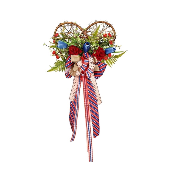 Hyknon Patriotic Artificial Floral Wreath, 4th of July Heart-Shaped Rattan Door Wreath, Red White Blue Ribbon Wreath with Stars Stripes, 250th Anniversary Decor Wreath for Front Door Memorial Day