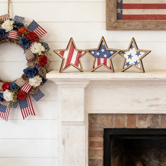 Hyknon Patriotic Wooden Star Tabletop Decor Set, 4th of July Freestanding Star Signs, Red White Blue Independence Day Table Ornaments, Rustic Farmhouse Star Centerpieces for Home Mantel Desk Decor