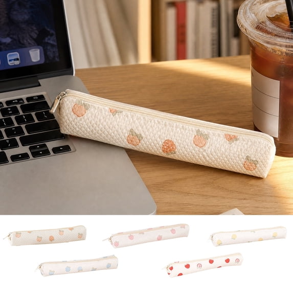 Hyknon Pencil Pouch Bag, Cute Fruit Print Slim Pencil Cases, Soft Quilted Portable Stationery Pouch, Lightweight Mini Storage Bag, MultiFunctional Bag for Makeup Office Travel 7.5"×1.6"×1.2", Orange