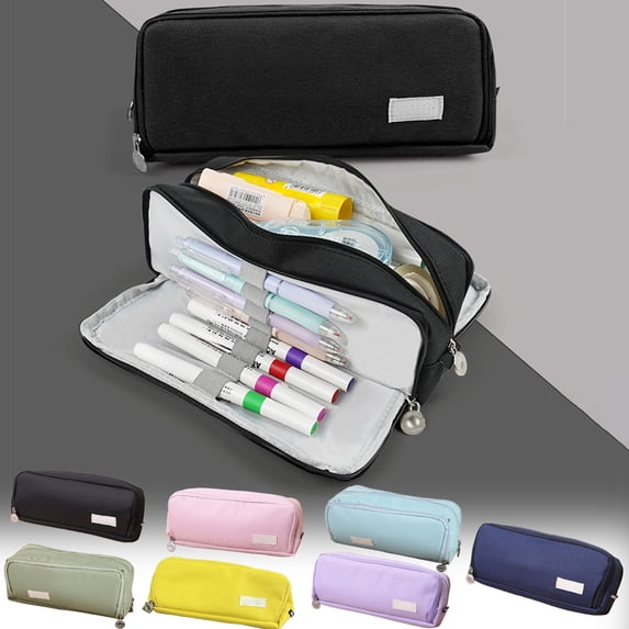 Hyknon Pencil Pouch Bag, Multi-Layer Large Capacity Pencil Case with Elastic Pen Loops, Minimalist Zipper Stationery Pouch, Portable Solid Color Multi-Functional Pen Box for Office Daily Study, Blue