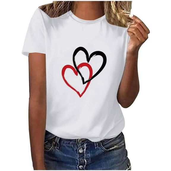 Hyknon Plus Size Tops for Women Fashion Crewneck Short Sleeve Loose Solid Color Pullover Going out Tops Spring Summer Valentine's Day Love Heart Printed Shirts