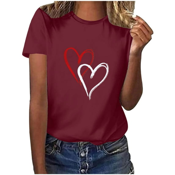 Hyknon Plus Size Tops for Women Fashion Crewneck Short Sleeve Loose Solid Color Pullover Going out Tops Spring Summer Valentine's Day Love Heart Printed Shirts